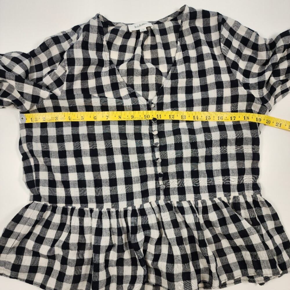 Bohme Gingham Peplum Blouse M Black White Cottagecore Ruffle Top - Picture 4 of 8